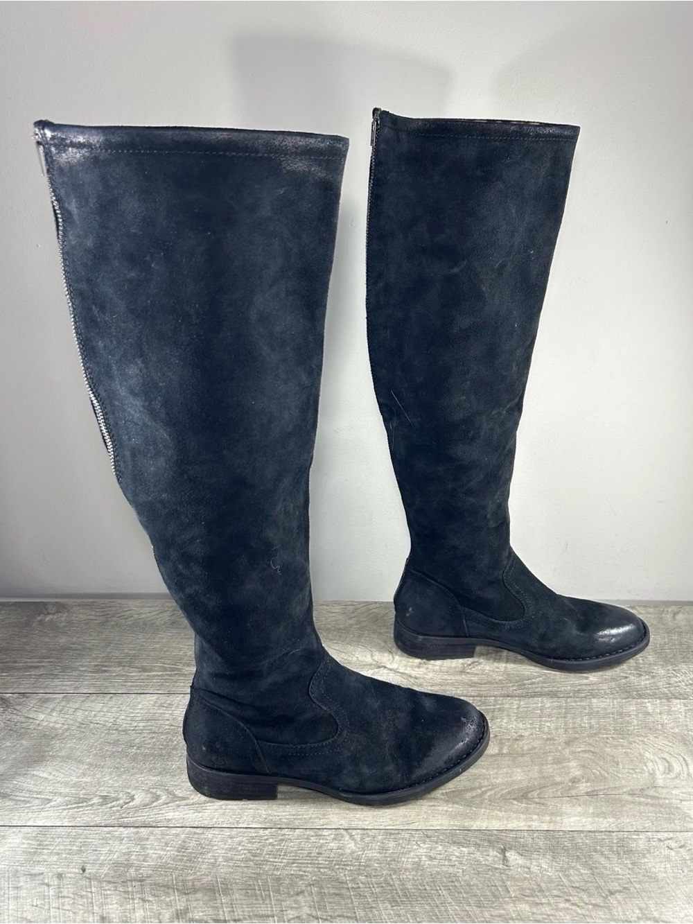 Womens Born Borman Black Suede Leather Riding Knee High Zip Back Boots Size 7